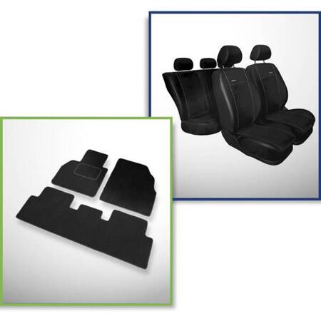 Set: covorașe din velur + huse cusute pe măsură pentru Renault Scenic II Minivan (2003-2009) – Premium negru